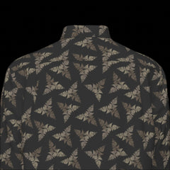 Top back of a patterned long sleeve shirt on a black background