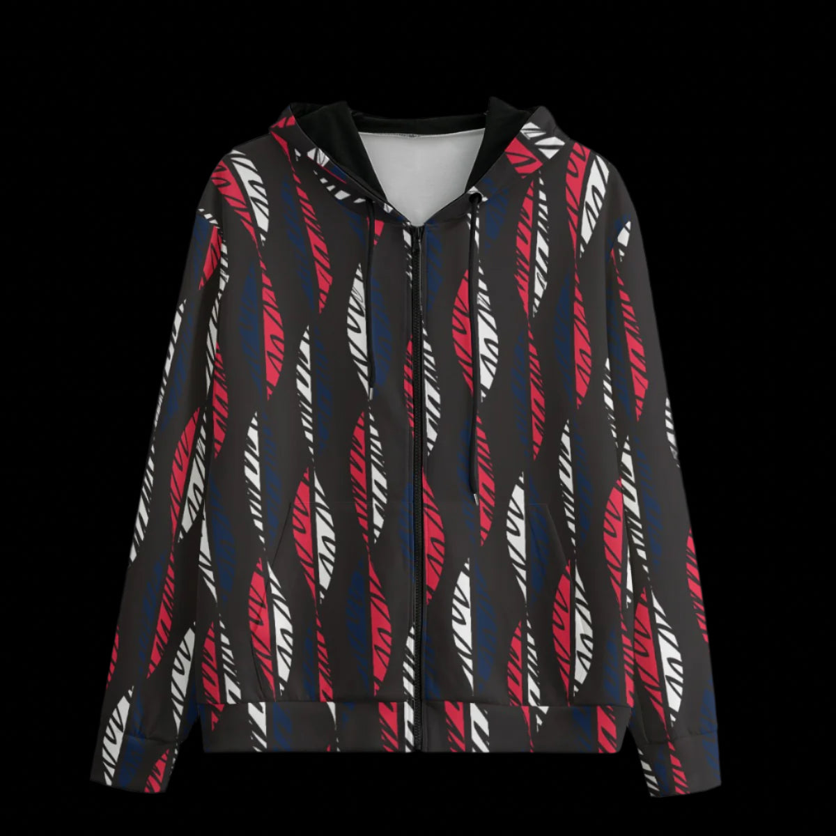 Front of a patterned hoodie with geometric design on a black background