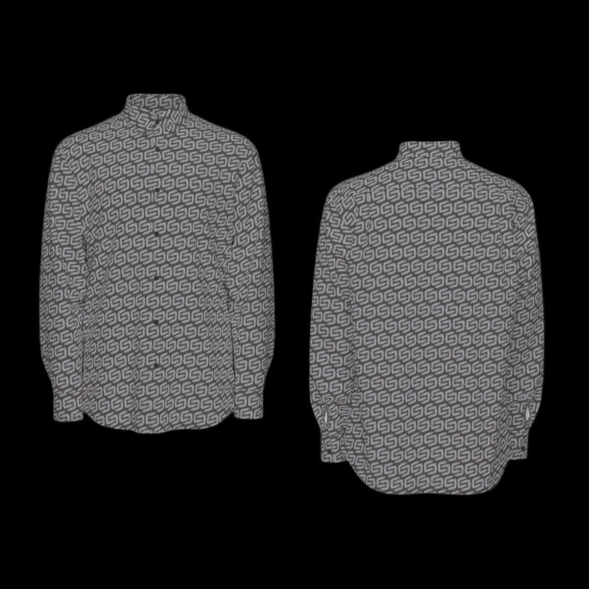 Front and back of a patterned long sleeve shirt on a black background