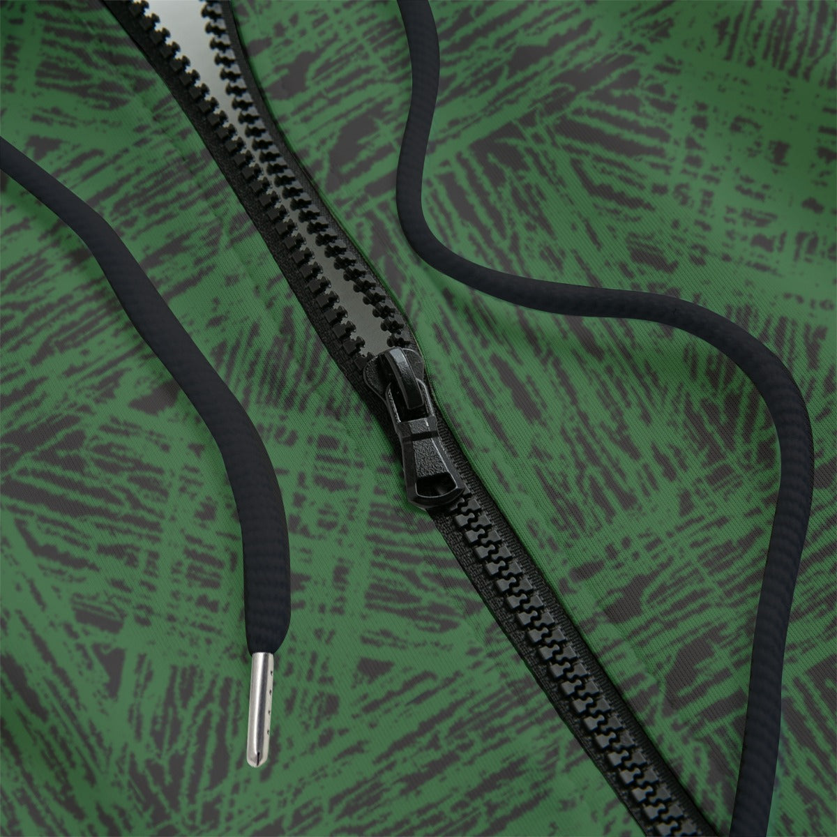 Front detail of a green patterned hoodie