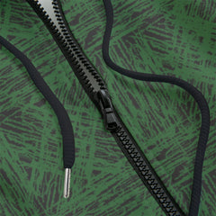 Front detail of a green patterned hoodie