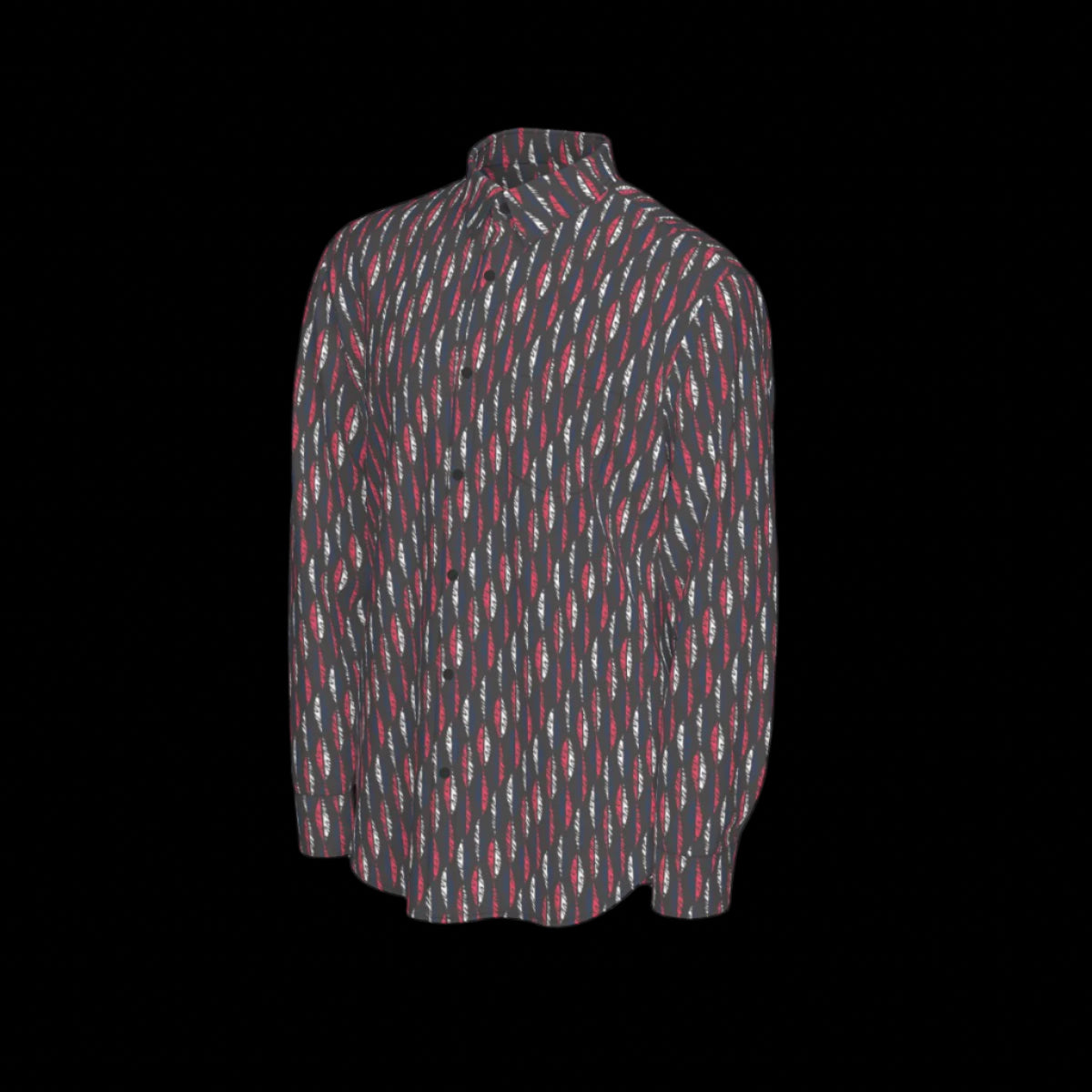 Left side of a patterned long sleeve shirt on a black background