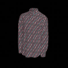 Left side of a patterned long sleeve shirt on a black background