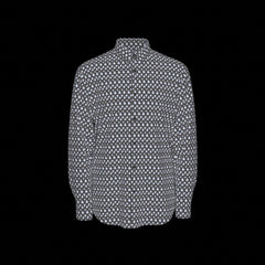 Front of a patterned shirt with small white shapes on a black background