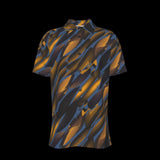 Front of short-sleeve shirt with a black and orange abstract pattern on a black background