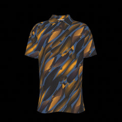 Front of short-sleeve shirt with a black and orange abstract pattern on a black background