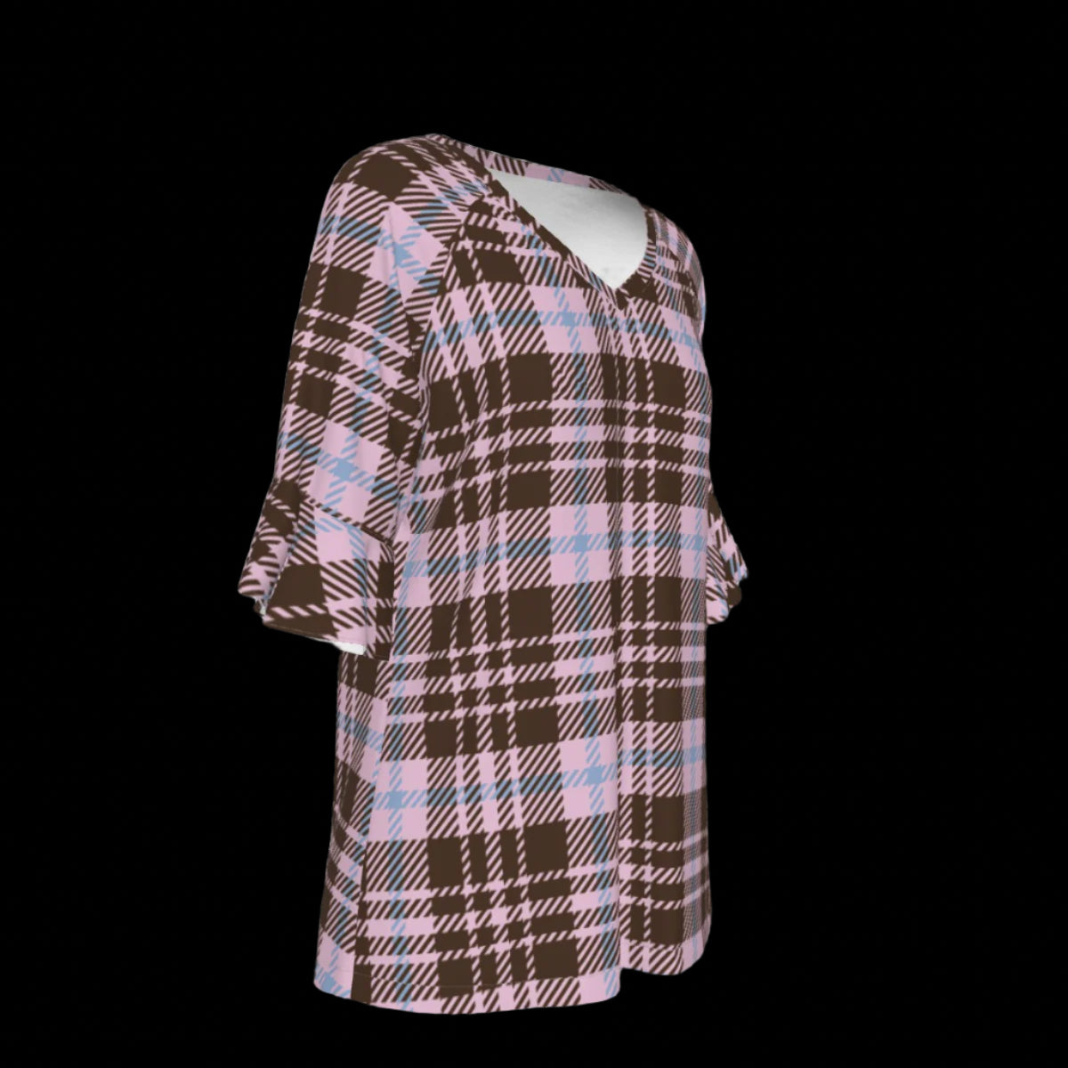 Right side of plaid patterned blouse with ruffled sleeves on a black background