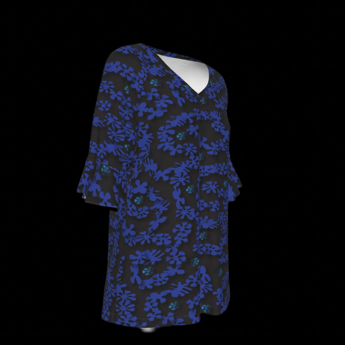 Right side of black blouse with blue floral pattern on a black background