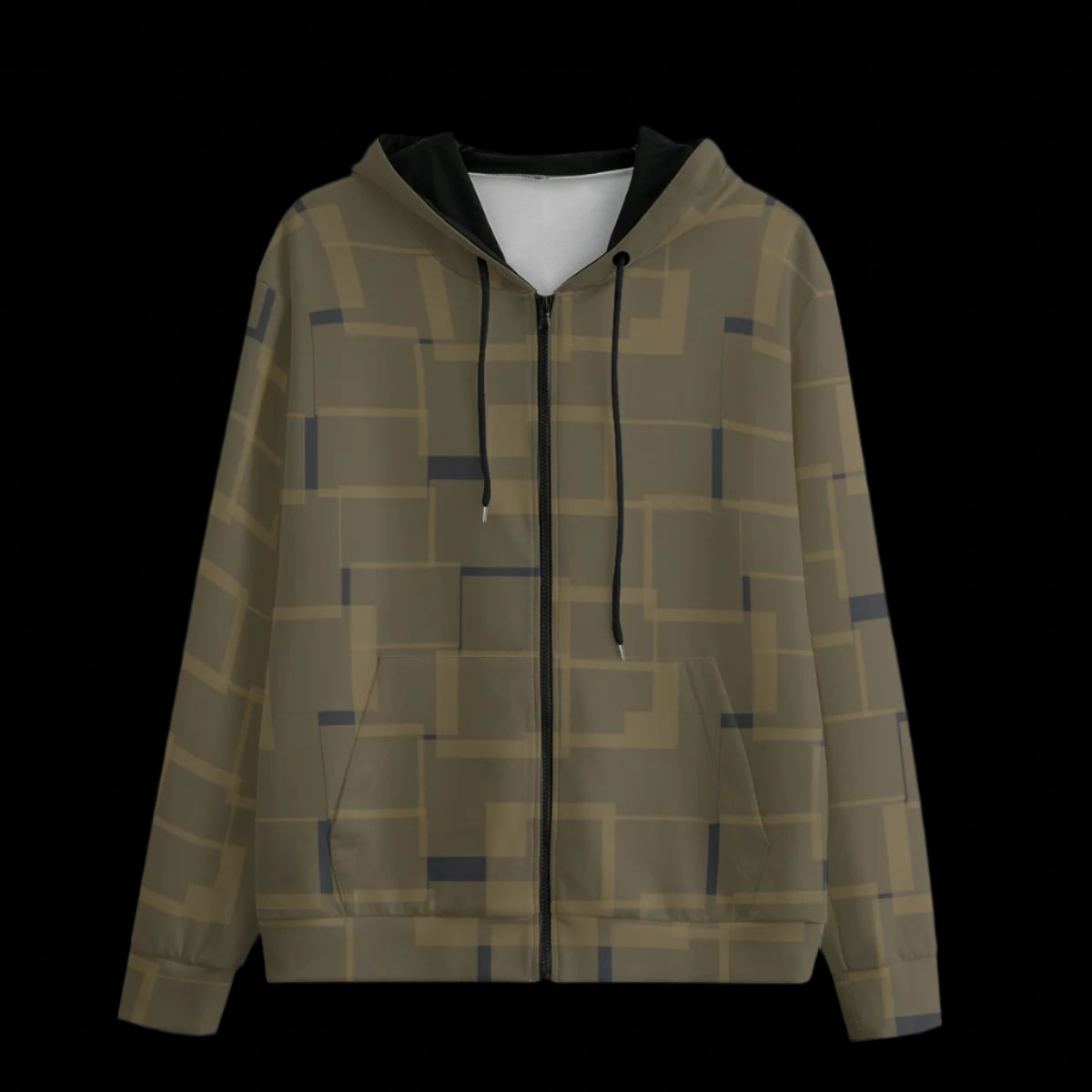 Front of a patterned hoodie with geometric design on a black background