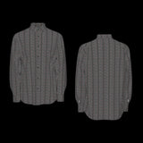 Front and back of a gray patterned short sleeve shirt on a black background
