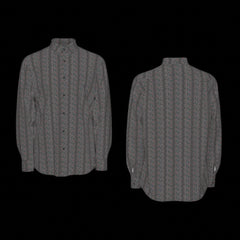 Front and back of a gray patterned short sleeve shirt on a black background