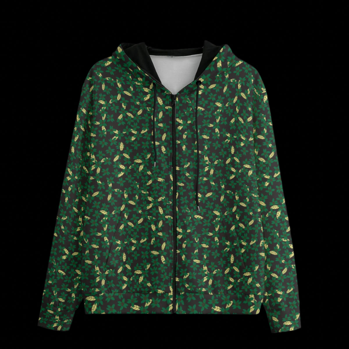 Front of green hoodie with leaf pattern on a black background