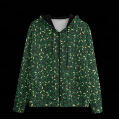 Front of green hoodie with leaf pattern on a black background