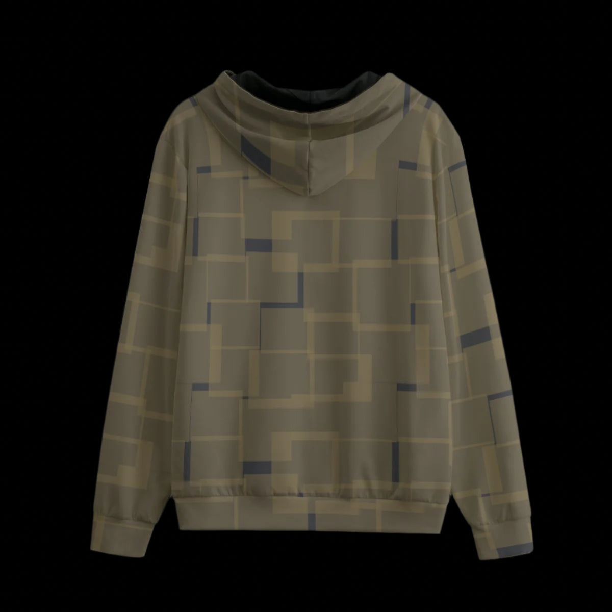 Back of a patterned hoodie with geometric design on a black background