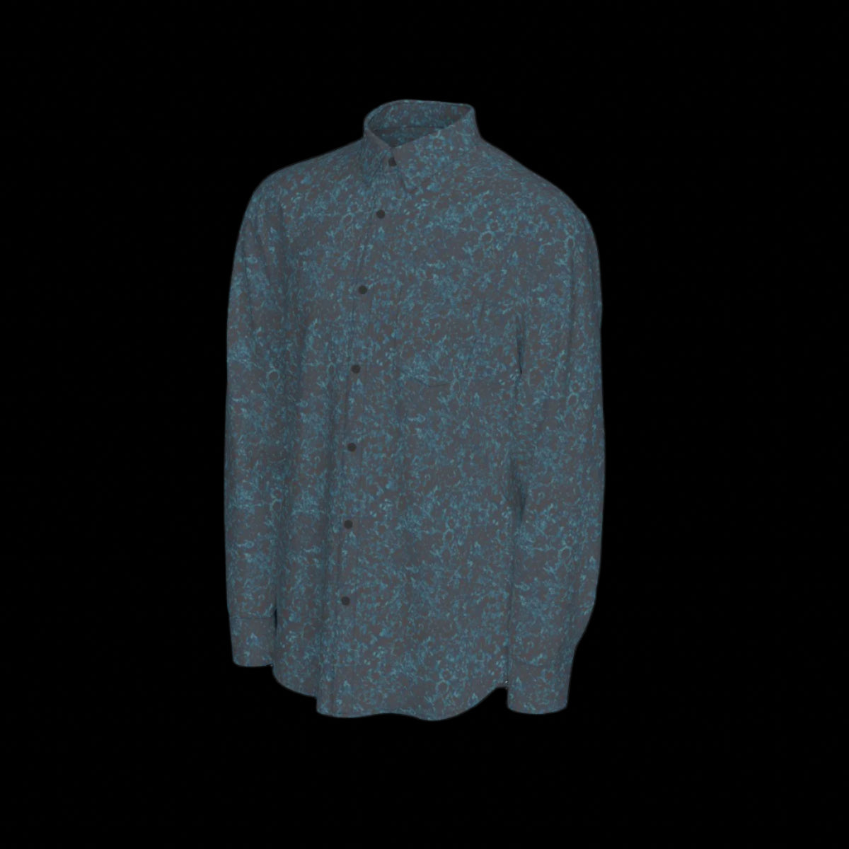 Left of blue patterned shirt on a black background