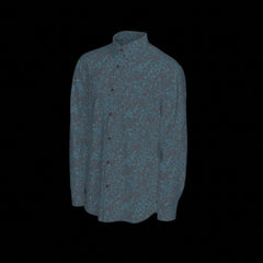 Left of blue patterned shirt on a black background