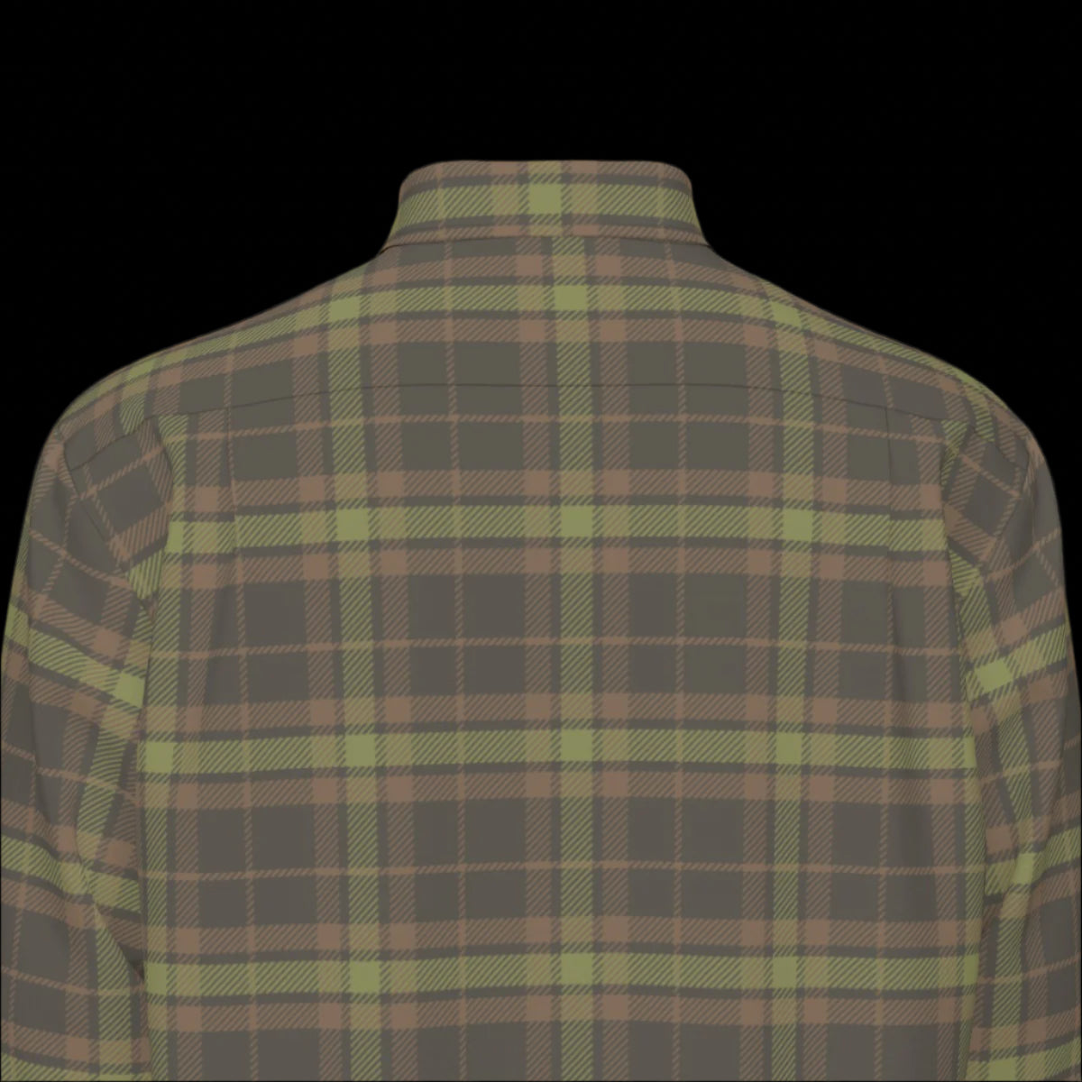 Top back of a green plaid long sleeve shirt on a black background