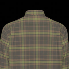 Top back of a green plaid long sleeve shirt on a black background