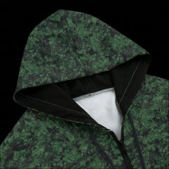Front top of a hoodie with a geometric pattern on a black background