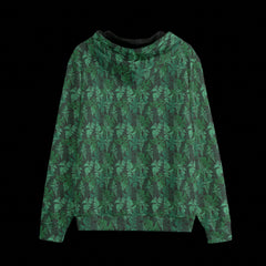 Back of a green leafy patterned zipper hoodie on a black background 