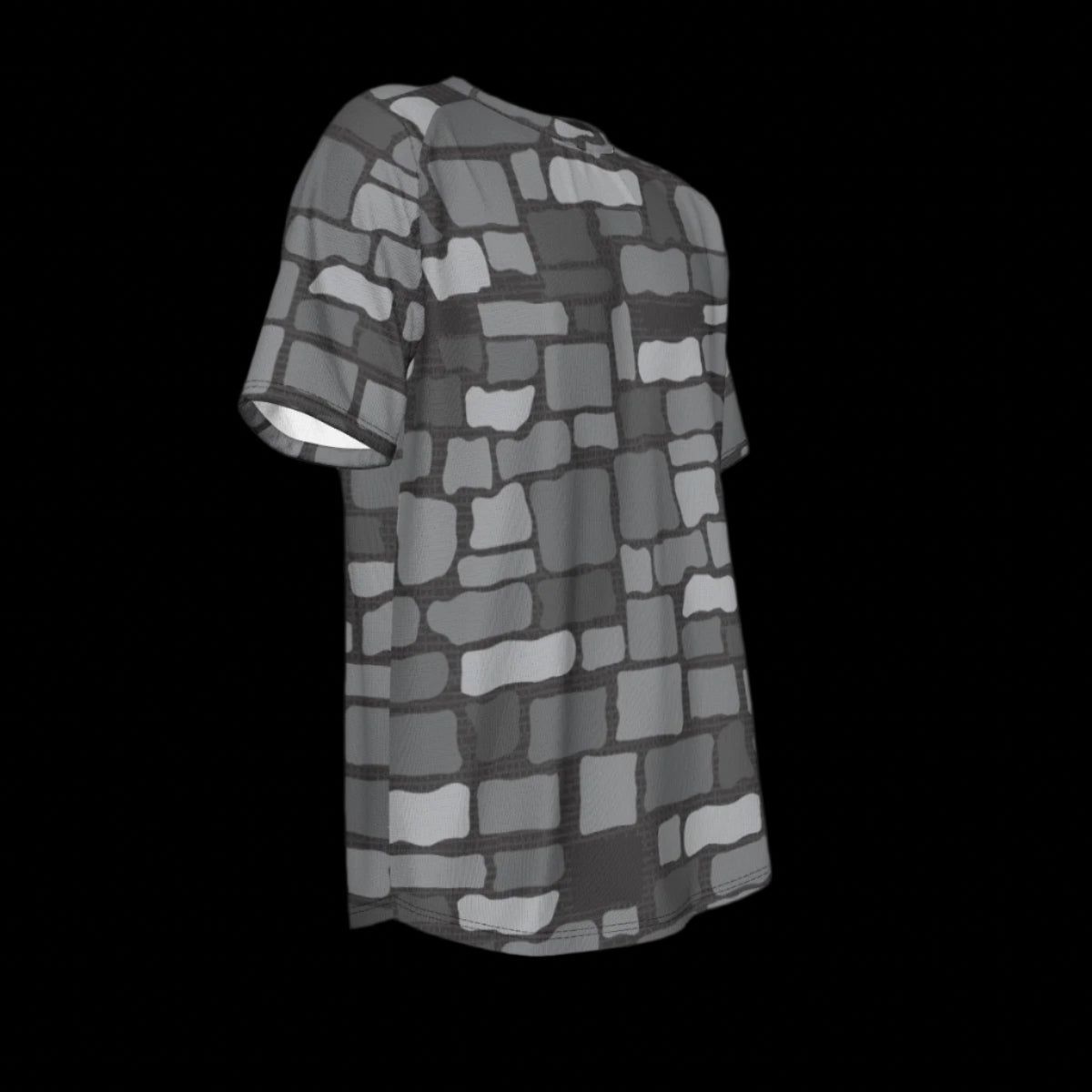 Right side of gray patterned shirt on a black background