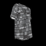 Right side of gray patterned shirt on a black background