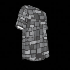 Right side of gray patterned shirt on a black background