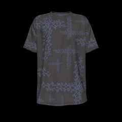 Front of black t-shirt with blue floral patterns on a black background