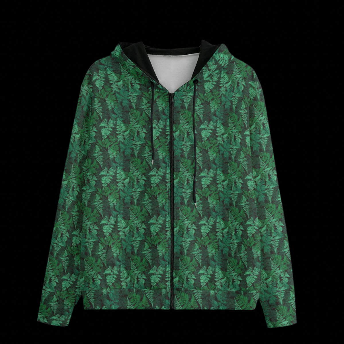 Front of a green leafy patterned zipper hoodie on a black background 