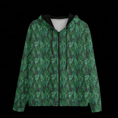 Front of a green leafy patterned zipper hoodie on a black background 