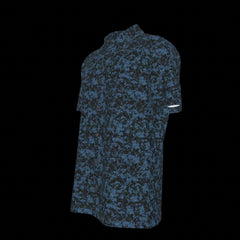 Left side xof a blue and black patterned button down short-sleeved shirt on a black background