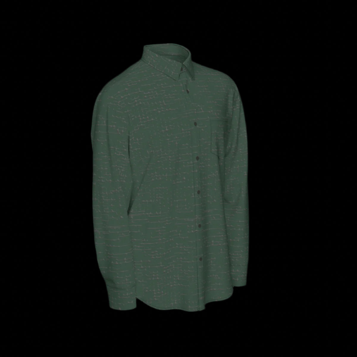 Right side of a green long sleeve shirt on a black background