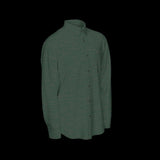 Right side of a green long sleeve shirt on a black background