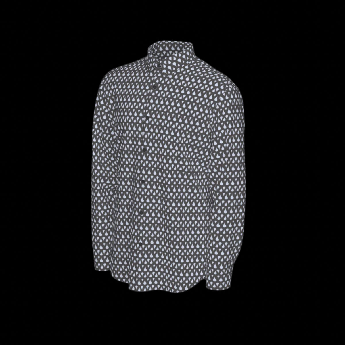 Left of a patterned shirt with small white shapes on a black background