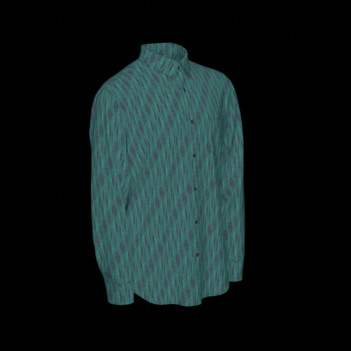 Right side of green patterned long-sleeved shirt on a black background