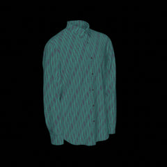 Right side of green patterned long-sleeved shirt on a black background