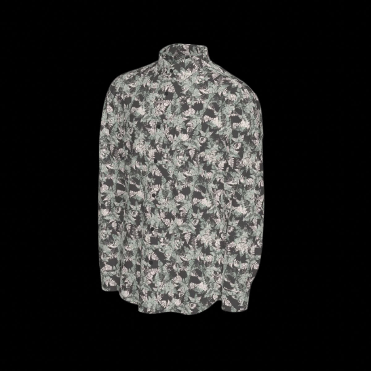 Left side of floral patterned long sleeve shirt on a black background