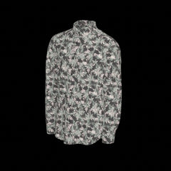 Left side of floral patterned long sleeve shirt on a black background