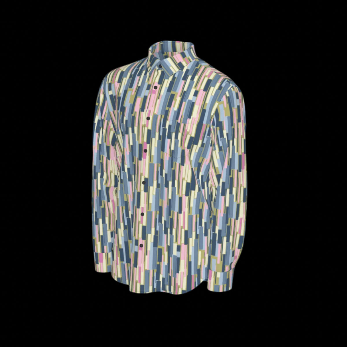 Left side of long-sleeve shirt with geometric pattern on a black background