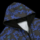 Front top of Hoodie with blue and black abstract pattern on a black background