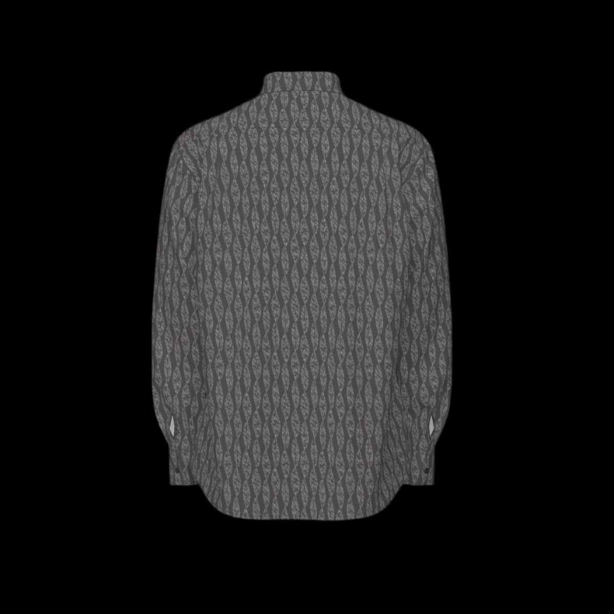 Back of a long sleeve gray patterned shirt on a black background