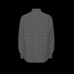 Back of a long sleeve gray patterned shirt on a black background