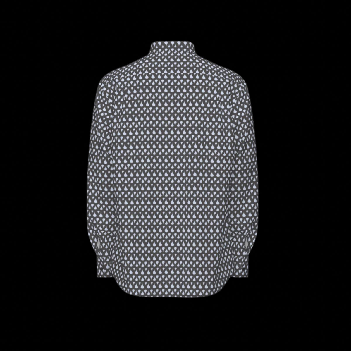 Back of a patterned shirt with small white shapes on a black background