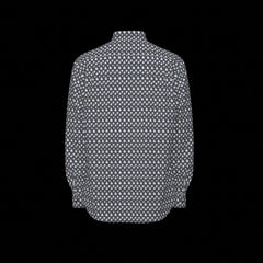 Back of a patterned shirt with small white shapes on a black background