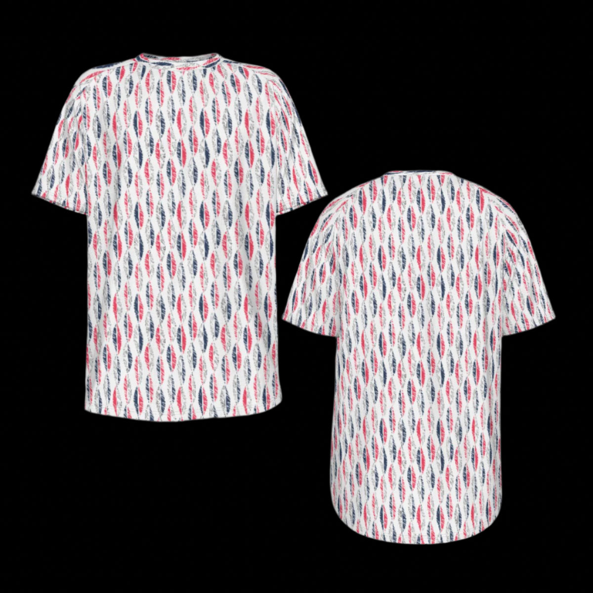 Front and back of short-sleeve shirt with a colorful pattern on a black background