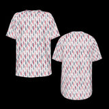 Front and back of short-sleeve shirt with a colorful pattern on a black background