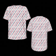 Front and back of short-sleeve shirt with a colorful pattern on a black background