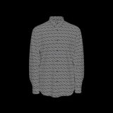 Front of a patterned long sleeve shirt on a black background