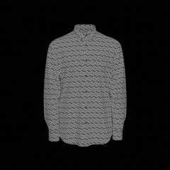 Front of a patterned long sleeve shirt on a black background