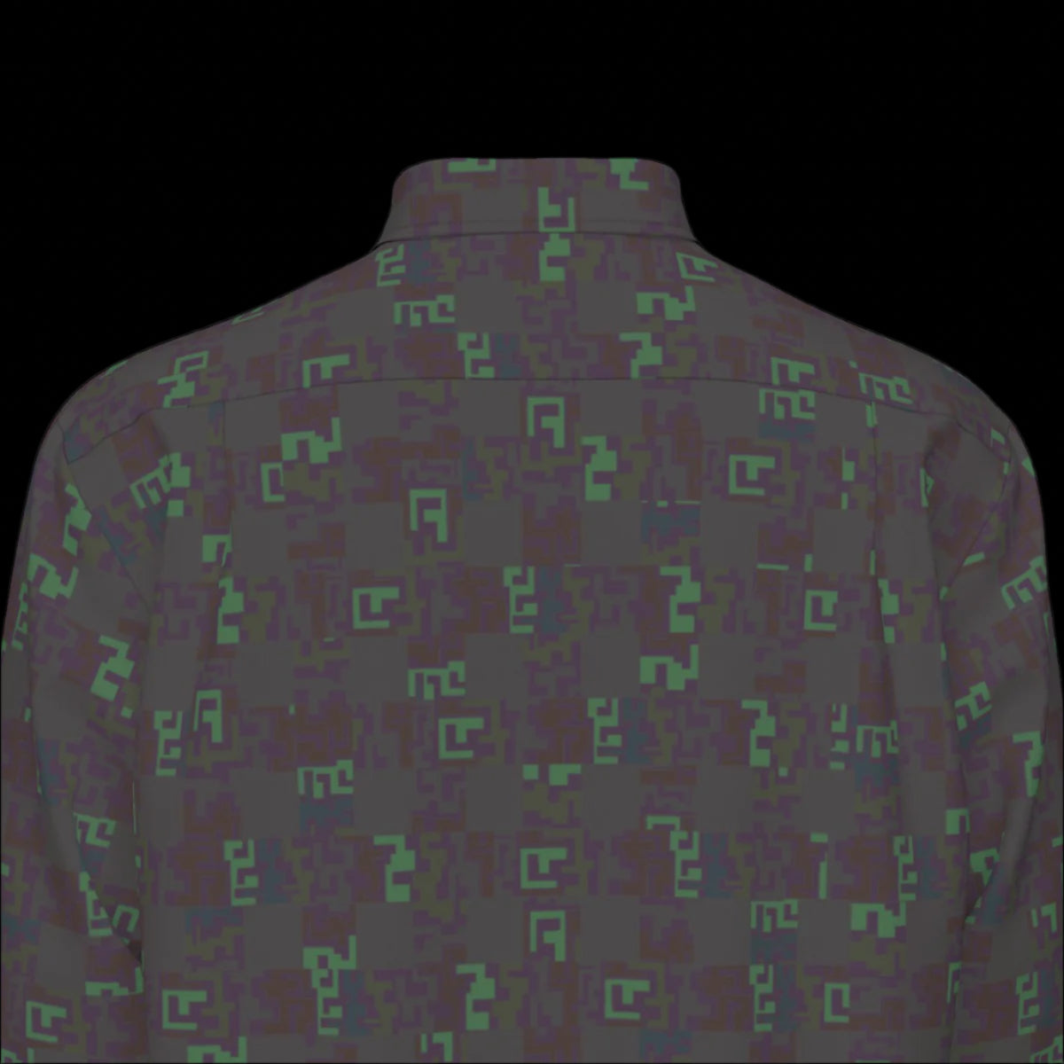 Top back of a dark patterned long sleeve shirt on a black background